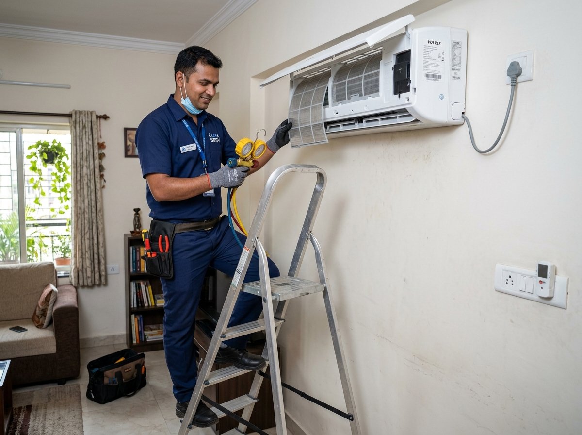 Technician servicing split air conditioner