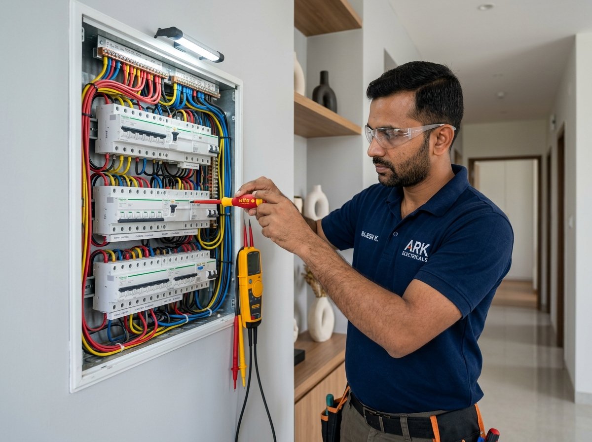 Professional electrician repairing distribution board