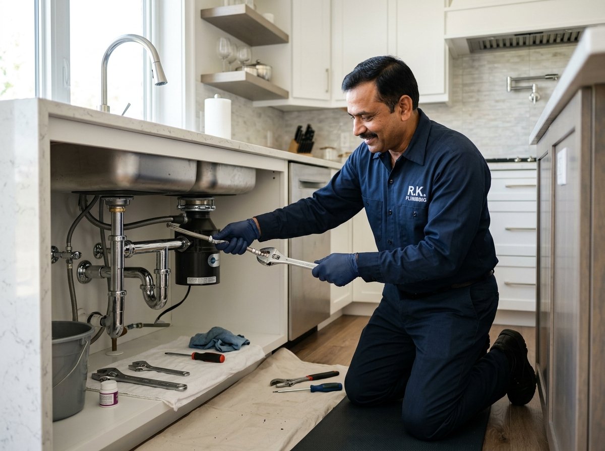 Professional plumber fixing sink pipes
