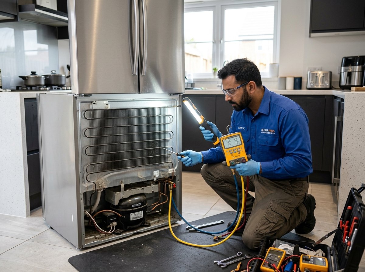 Technician repairing refrigerator compressor