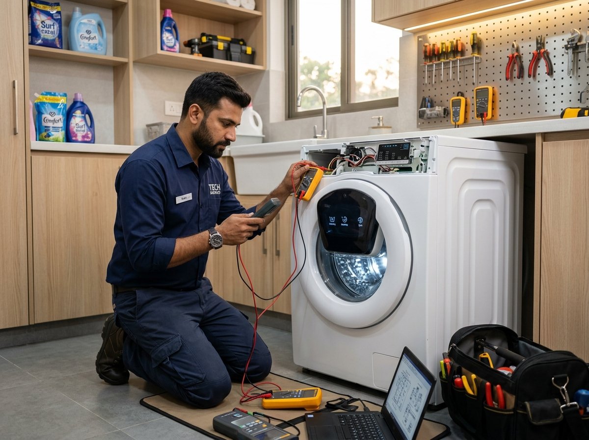 Technician testing washing machine